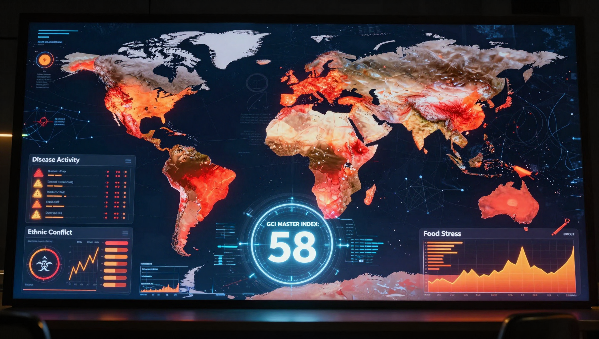 GCI Master Index May 2026 dashboard showing critical disease activity, elevated food stress, and rising ethnic conflict hotspots across the globe.