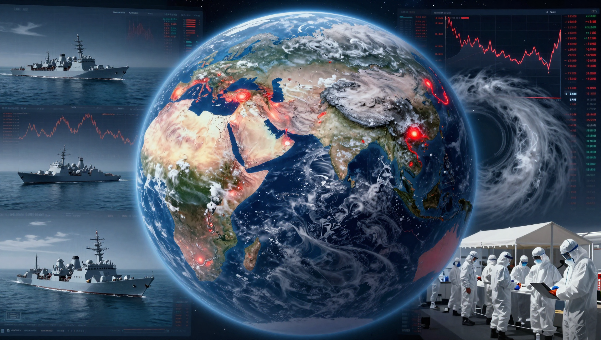 World map showing global conflict zones, severe weather systems, disease outbreaks, and geopolitical crisis hotspots in May 2026