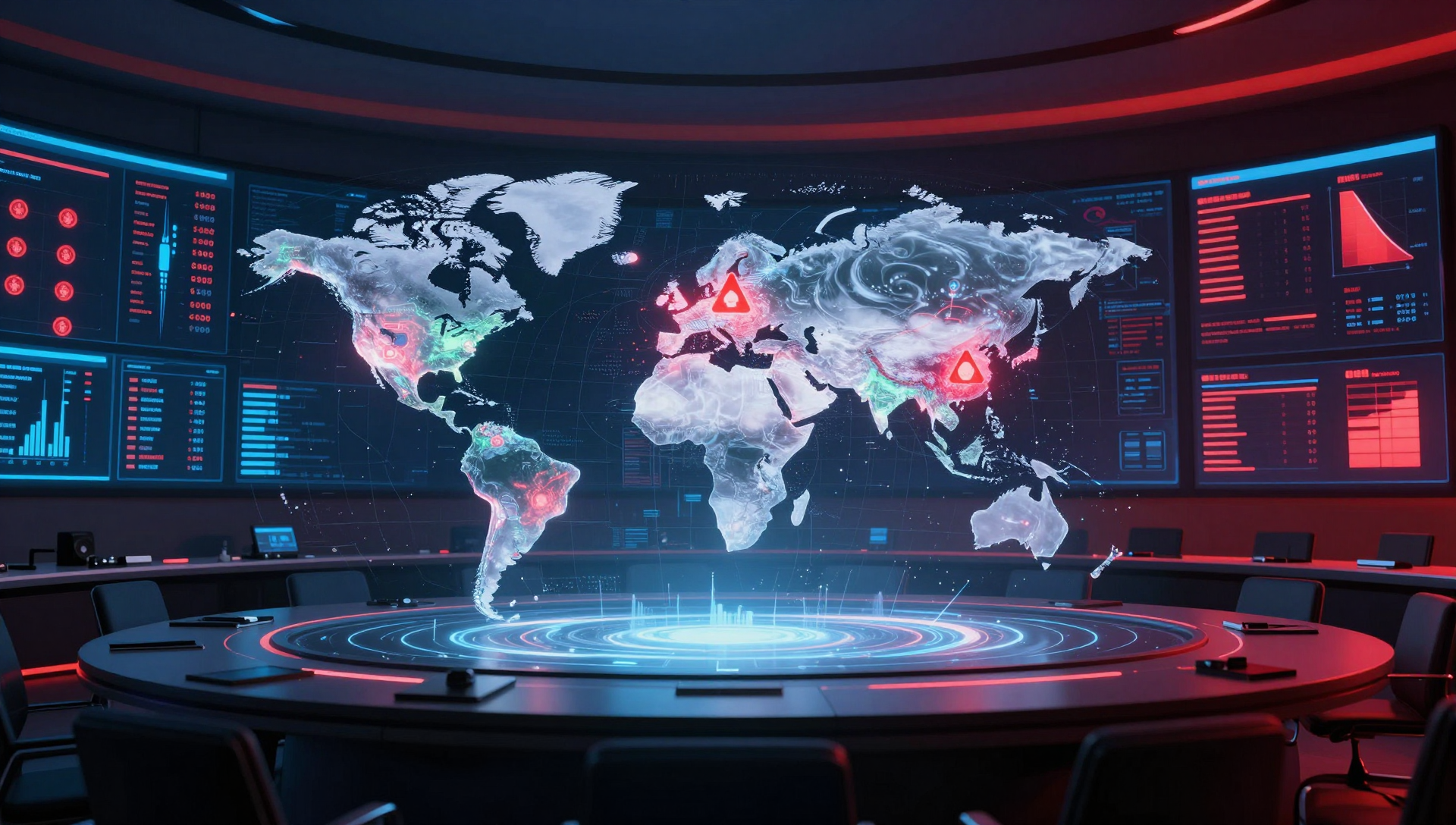 Digital global crisis monitoring dashboard displaying conflict zones, disease outbreaks, severe weather systems, and humanitarian alerts across a glowing world map.