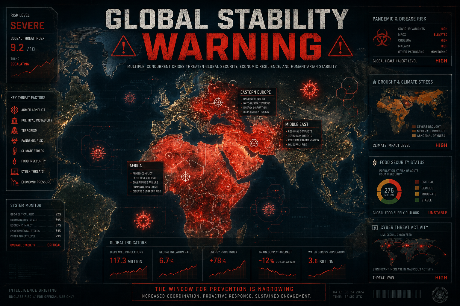 Dark world map highlighting global crisis zones involving disease outbreaks, famine risk, and geopolitical conflict in 2026.