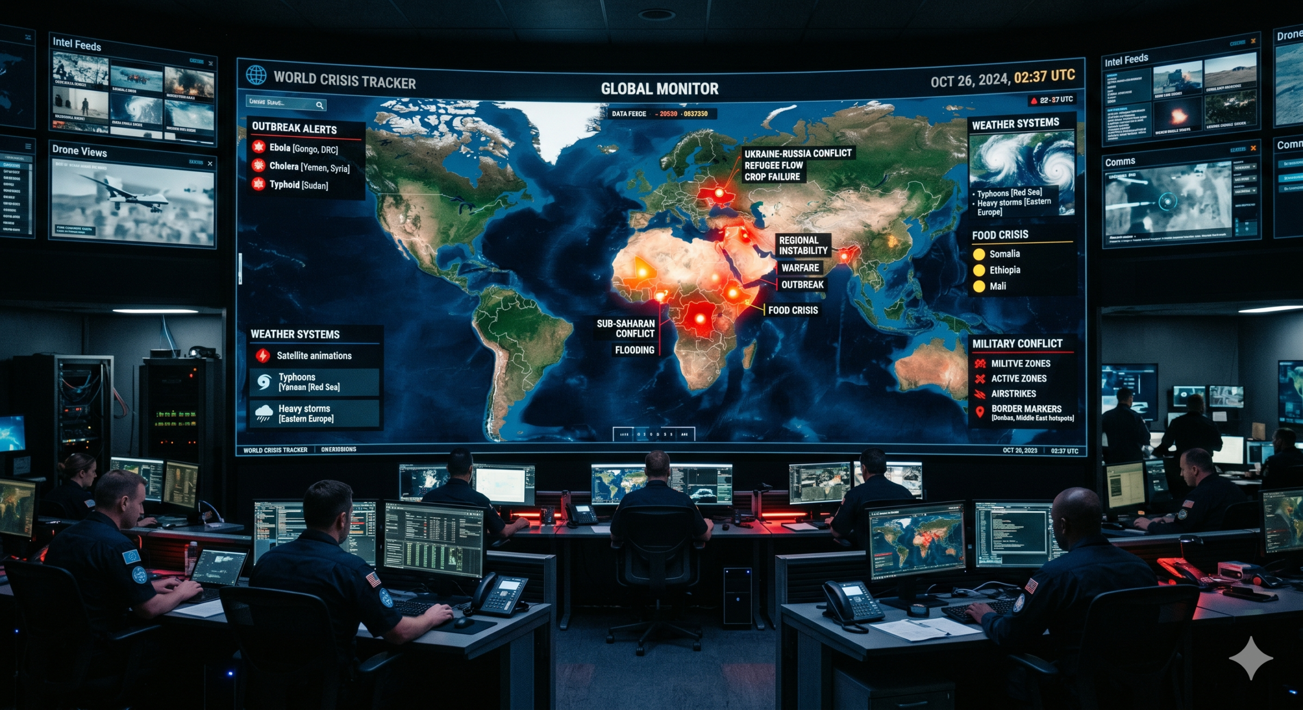 Digital global intelligence map showing conflict zones, Ebola outbreak regions, severe weather systems, and food crisis hotspots during the May 2026 GCI briefing.