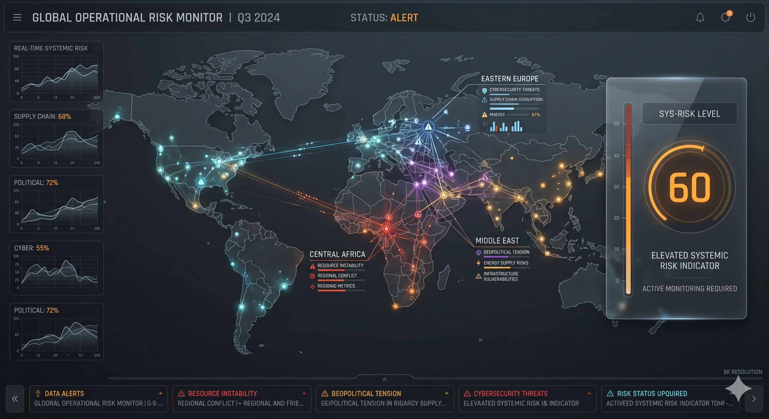 Global Crisis Intelligence data dashboard showing a global master index of 60 with highlighted risk nodes for May 2026.