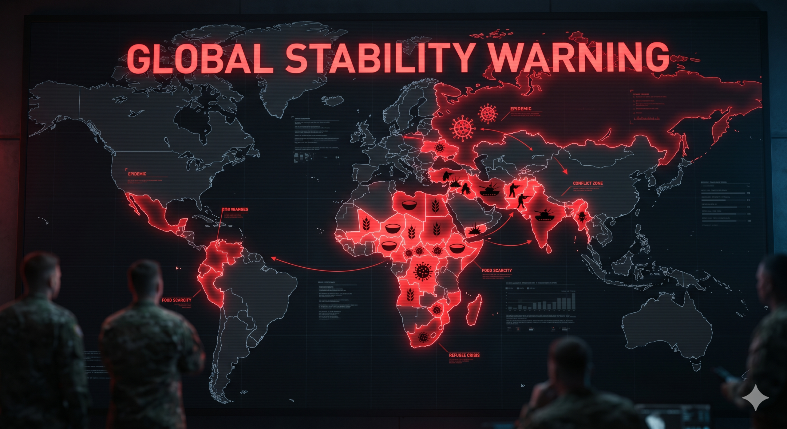 Dark world map highlighting global crisis zones involving disease outbreaks, famine risk, and geopolitical conflict in 2026.