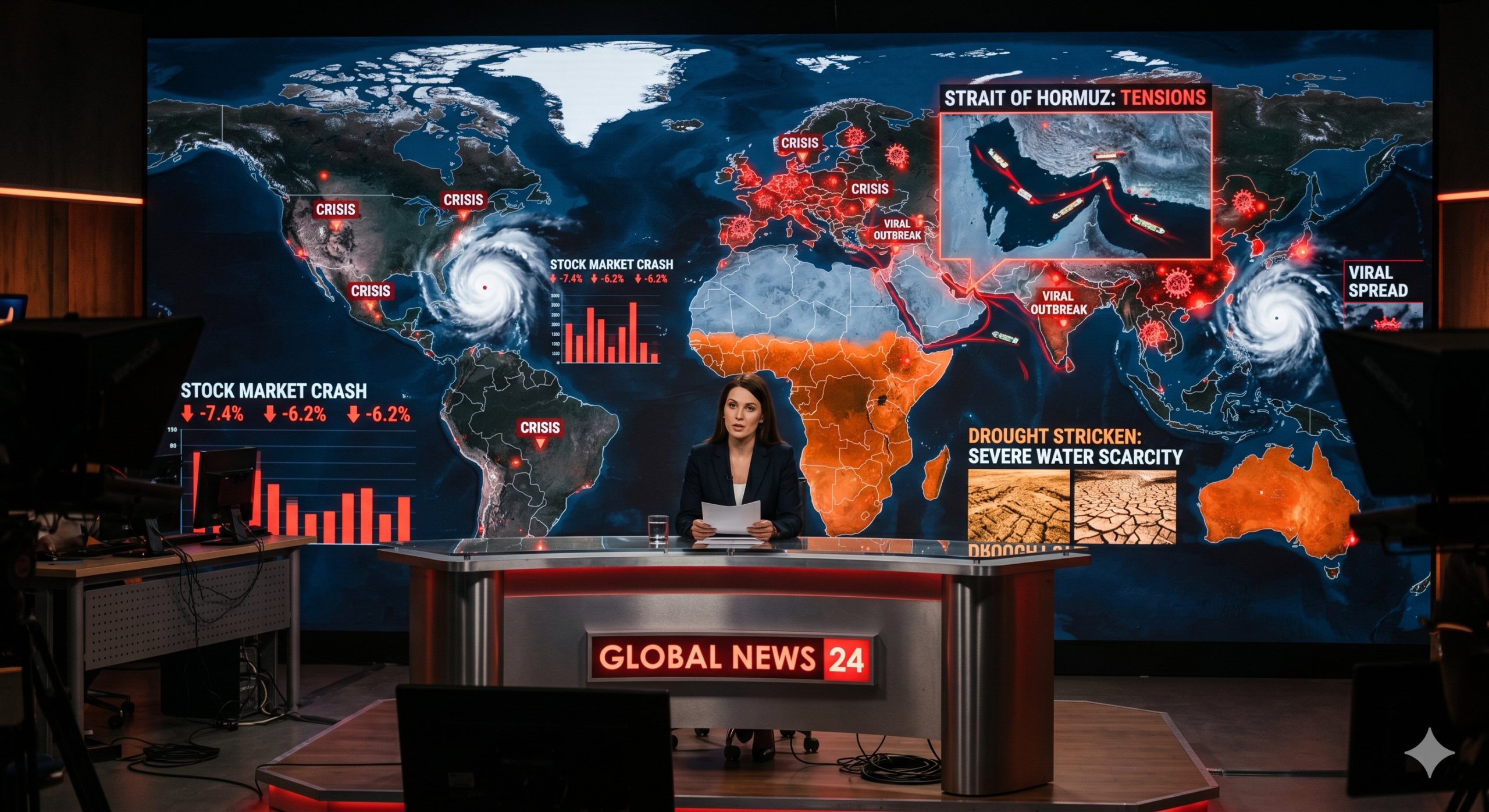 Global crisis map showing geopolitical conflict, disease outbreaks, climate stress, and food supply instability in May 2026