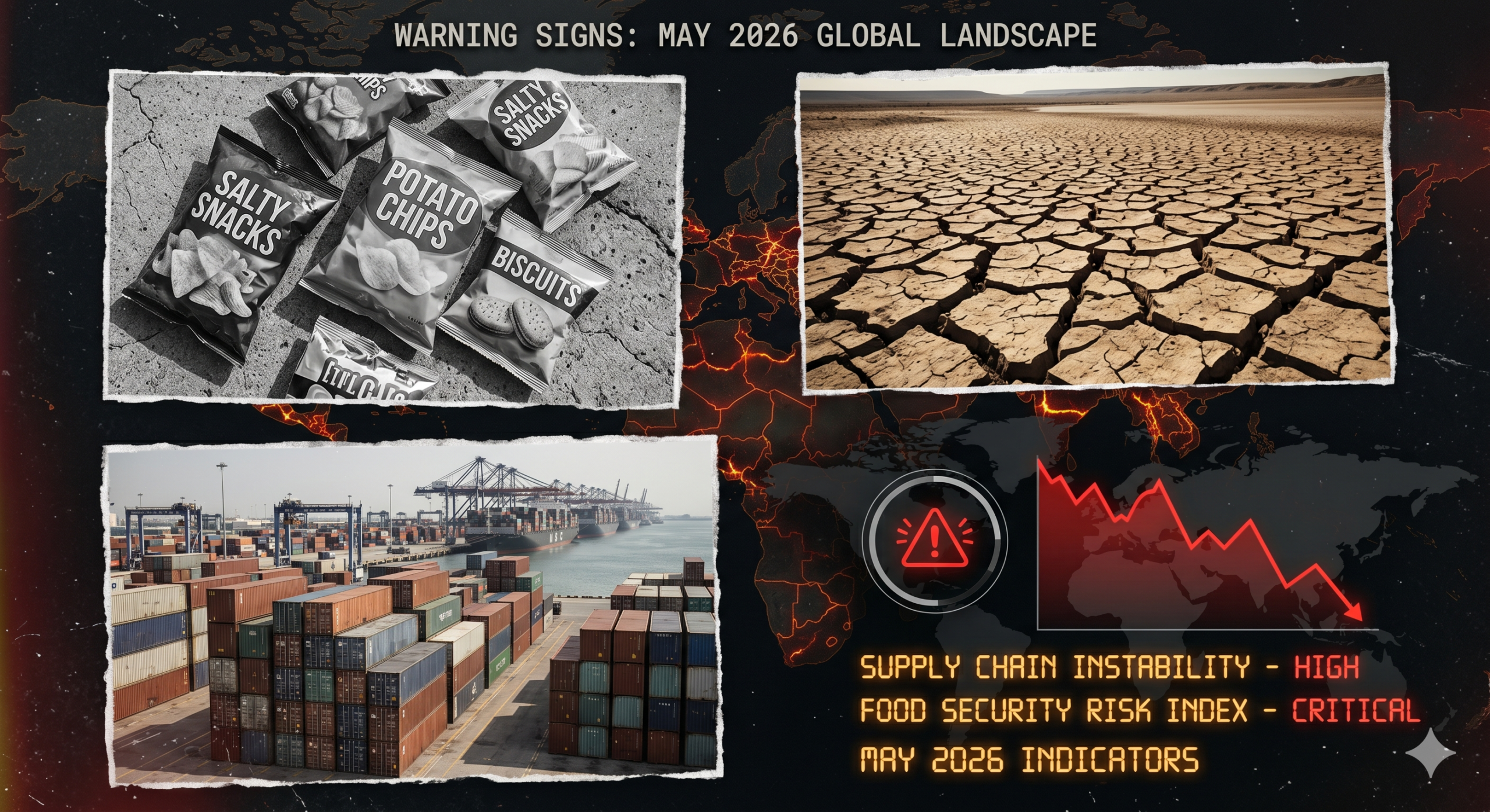 Collage depicting black-and-white snack packaging, drought damage, shipping disruptions, and global crisis indicators from the May 2026 crisis report.