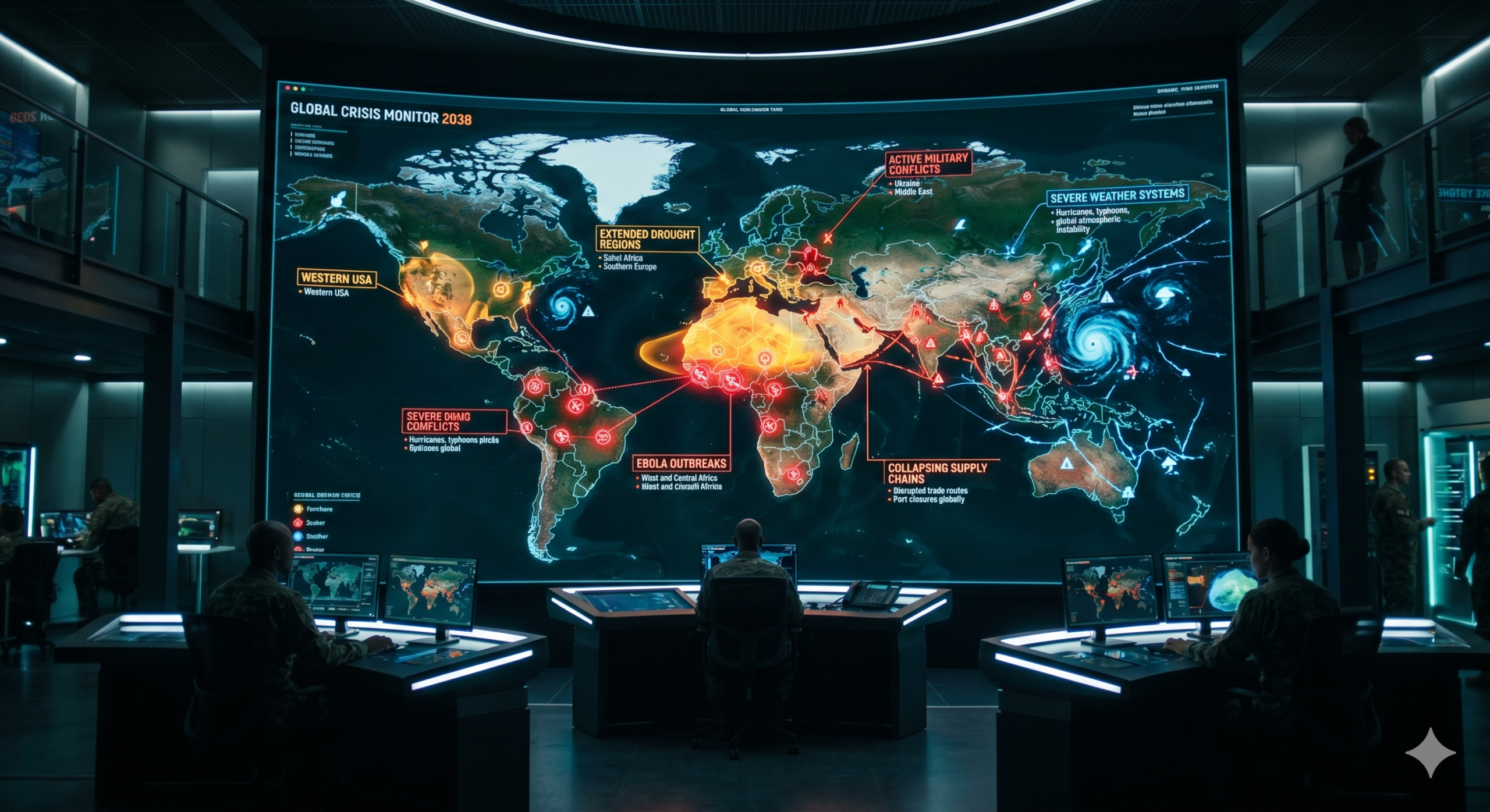 Futuristic global crisis map showing Ebola outbreaks, food insecurity, climate stress, and geopolitical conflict zones during May 2026.