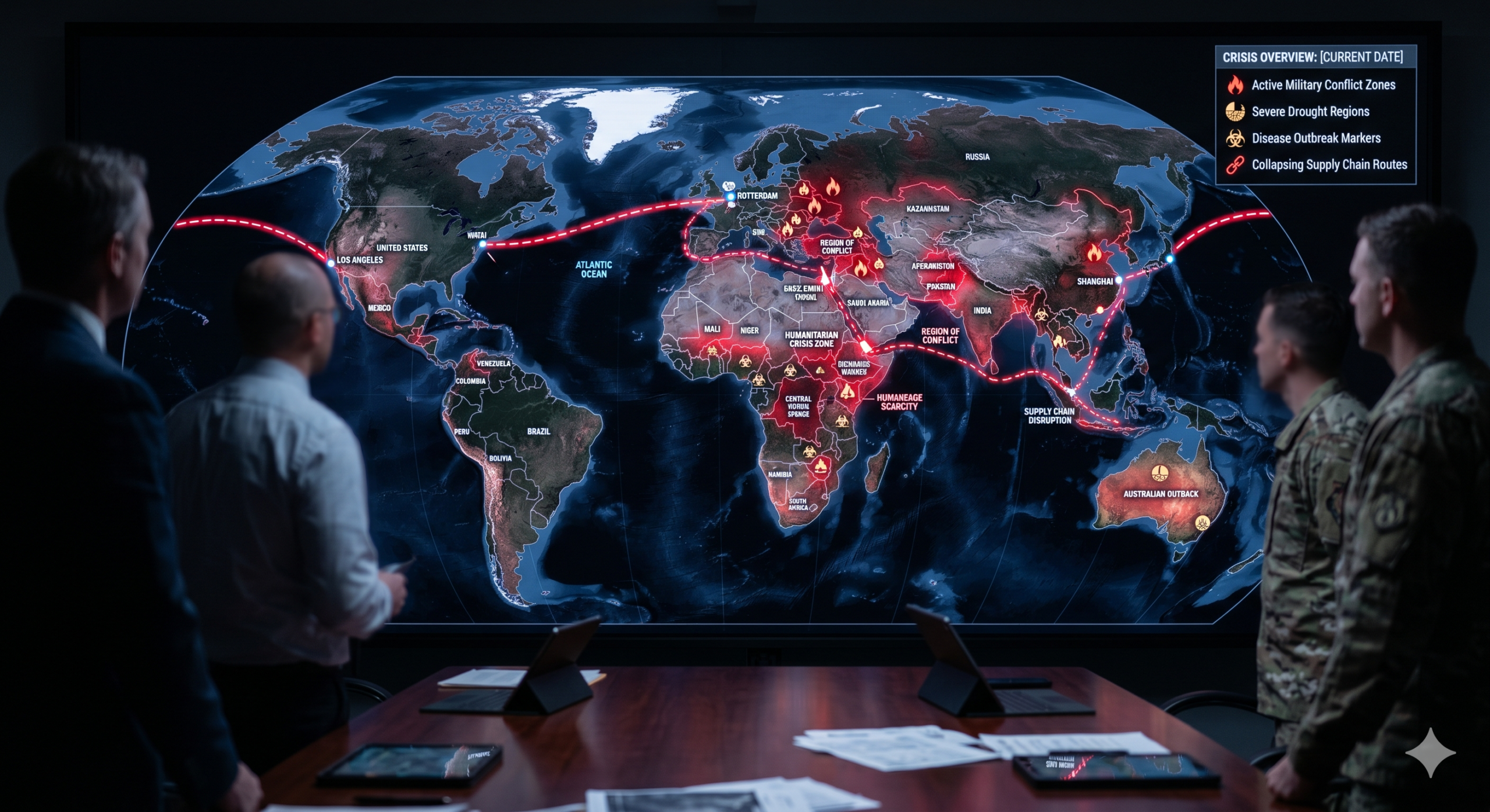 Global crisis intelligence map showing conflict zones, disease outbreaks, drought regions, and rising geopolitical instability in May 2026.