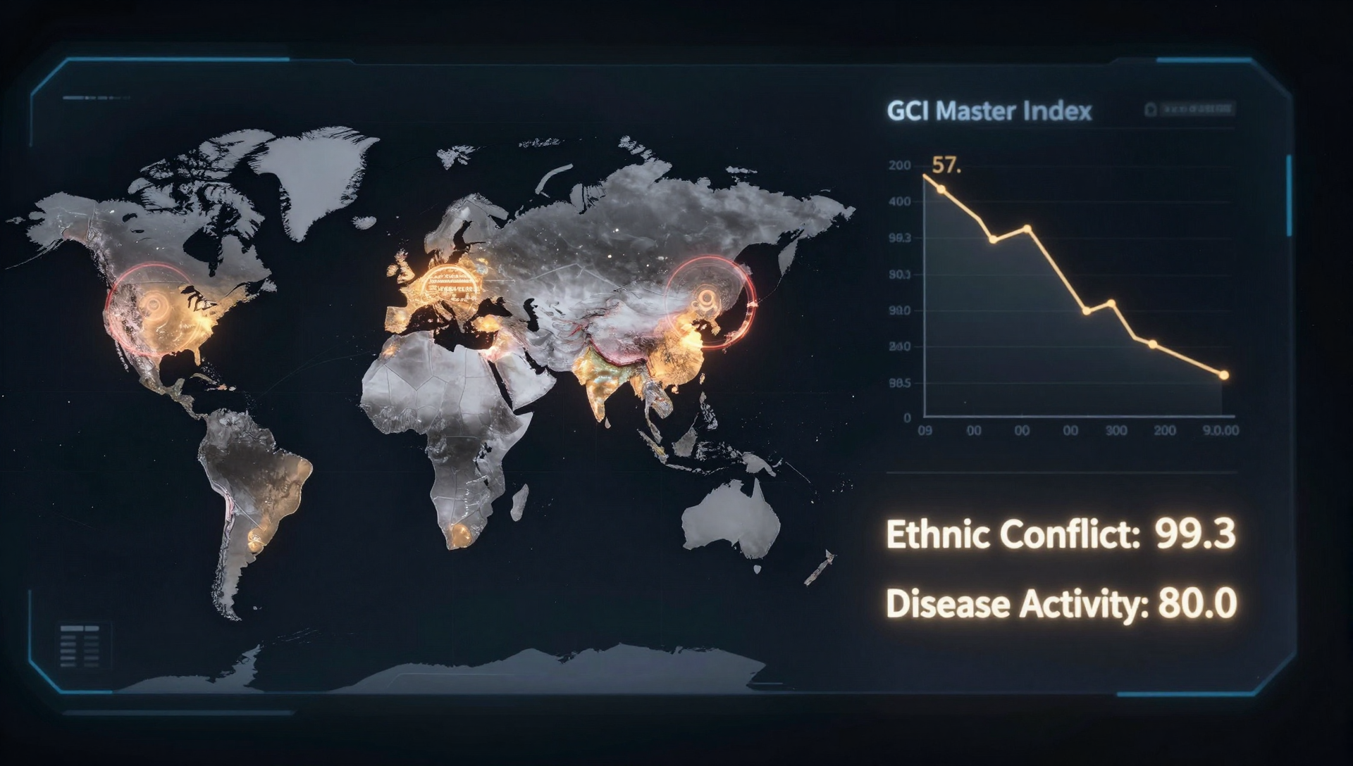 Global risk assessment map dashboard showing geopolitical, disease, and conflict risk vectors for June 2026