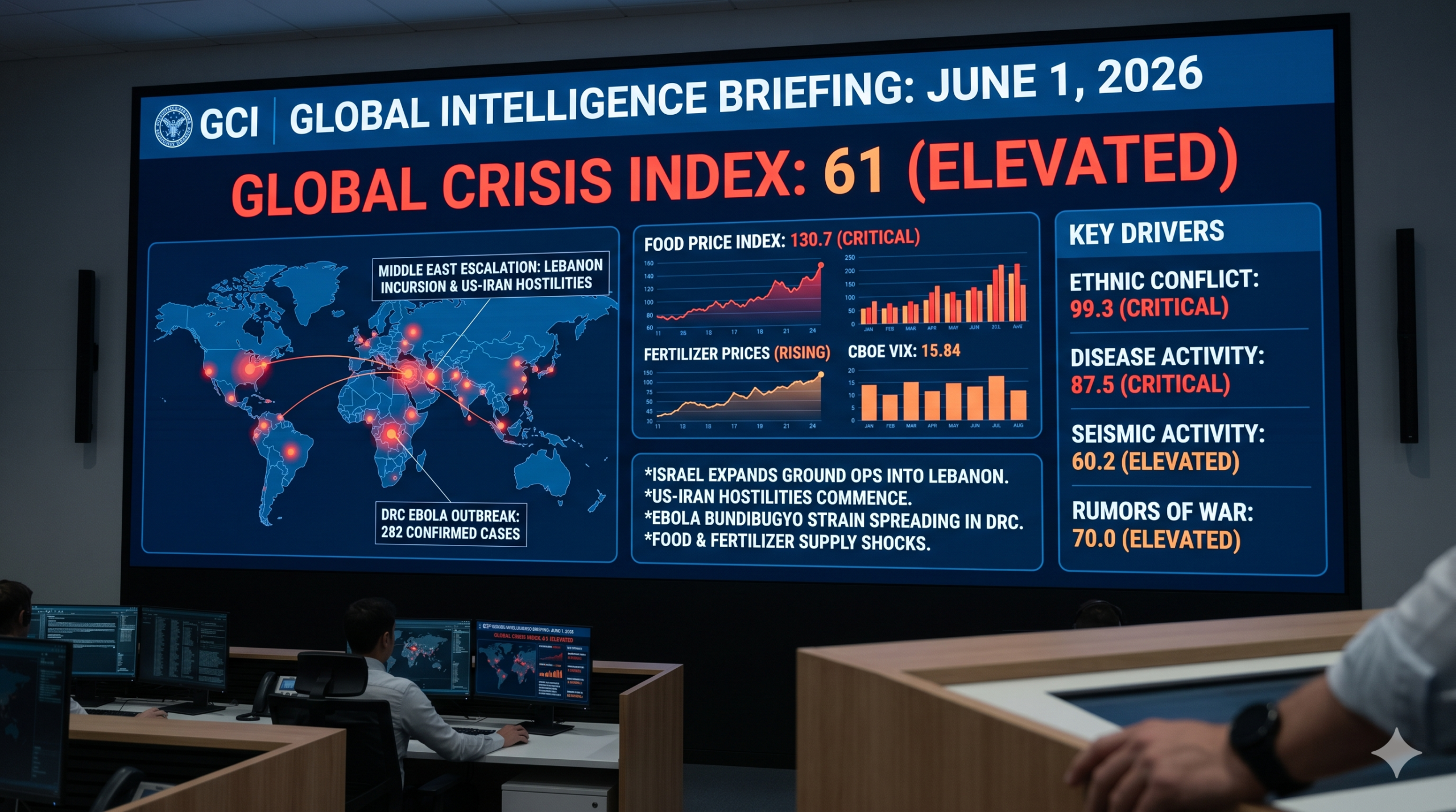 A high-tech digital intelligence dashboard in a command center, displaying the 'GLOBAL INTEL BRIEFING' title and a 'CRISIS INDEX: 68 (CRITICAL)'. The screen visualizes global conflict hotspots (Eastern Europe and South Asia), shipping and cyber frequency graphs, and key drivers including 'STATE CONFLICT', 'DISEASE VULNERABILITY', and 'CYBERWARFARE RISK'.