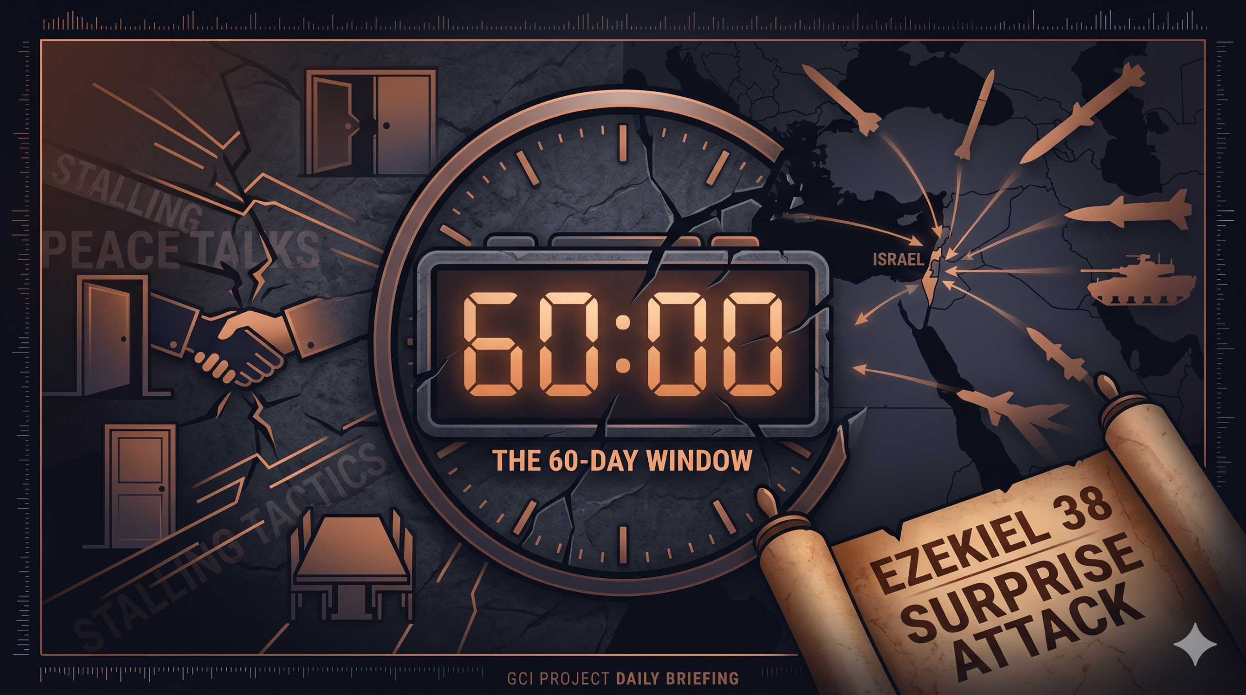 Geopolitical infographic showing a 60:00 countdown clock over a cracked map of Israel and the Middle East, with missile paths and an open scroll reading "EZEKIEL 38 SURPRISE ATTACK."