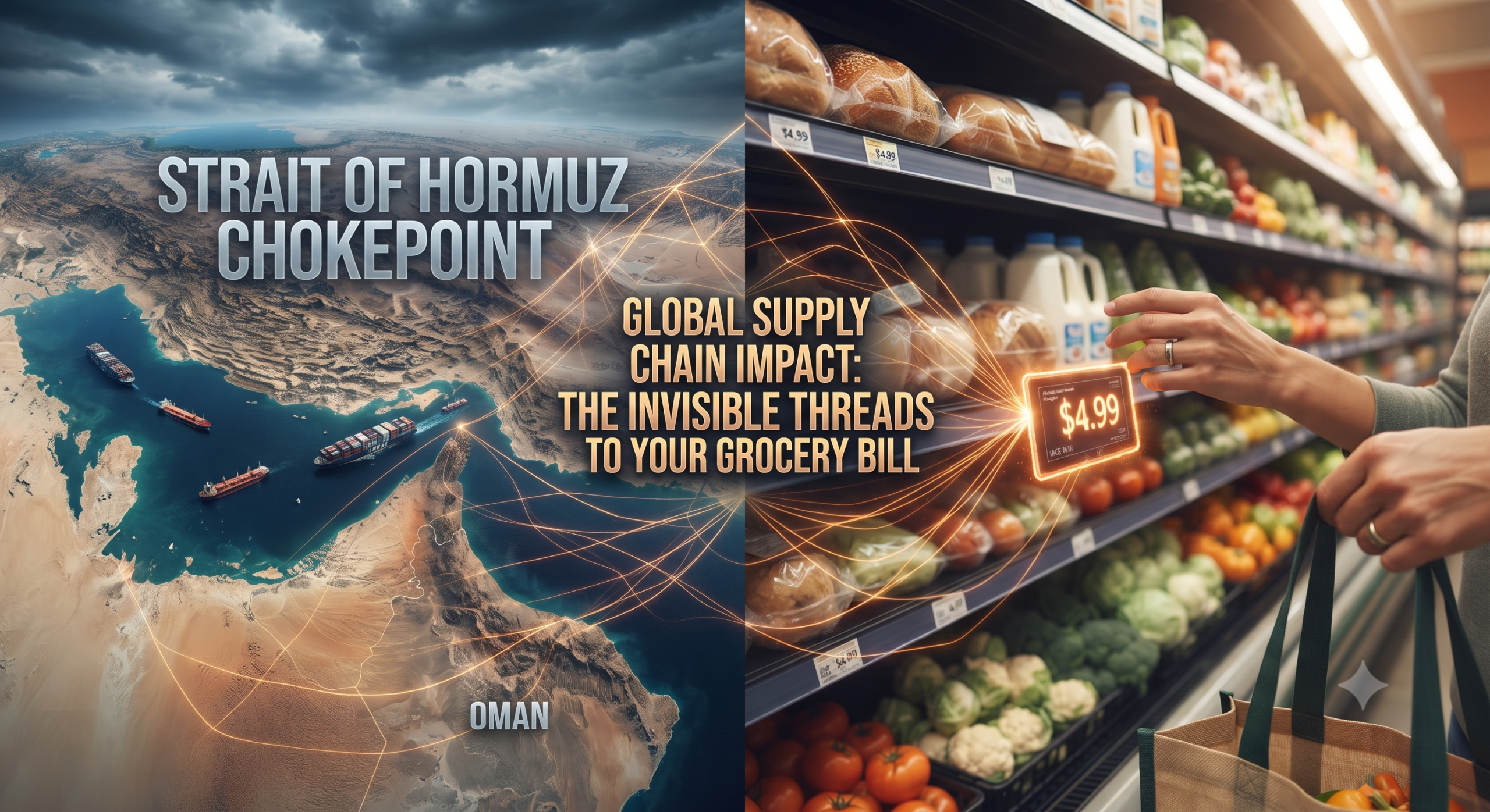A conceptual map illustrating how disruptions in the Strait of Hormuz chokepoint, shown with cargo ships on the left, create invisible threads that connect to higher prices and a consumer's hand in a grocery store on the right.