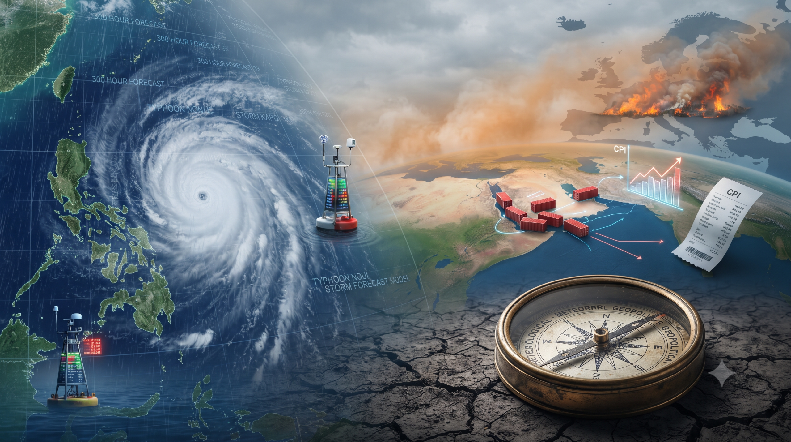 A conceptual graphic showing a composite view of global volatility, featuring a swirling typhoon over the Western Pacific, European wildfires, Red Sea shipping routes with economic charts, and an antique compass on cracked earth.