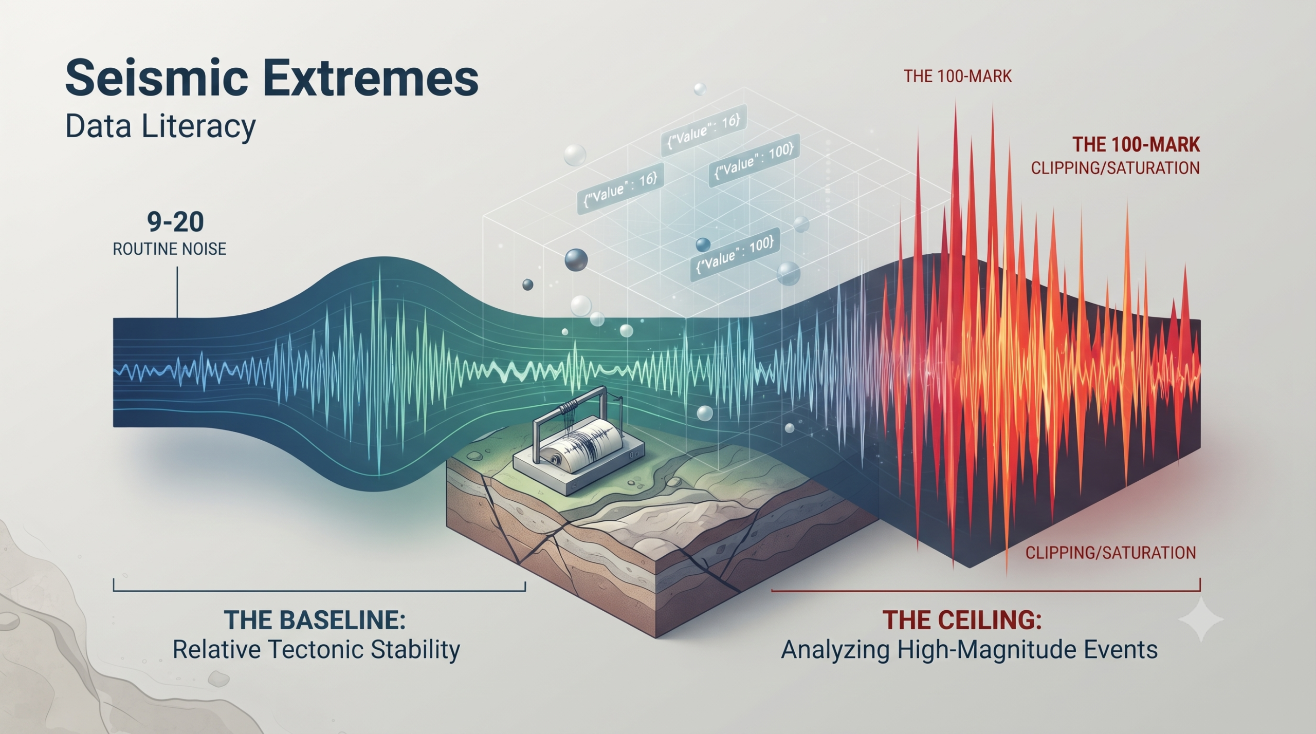 An infographic comparing seismic activity baselines (9–20 routine noise) against high-magnitude, clipped events (the 100-mark ceiling), featuring a seismograph over a geological cross-section