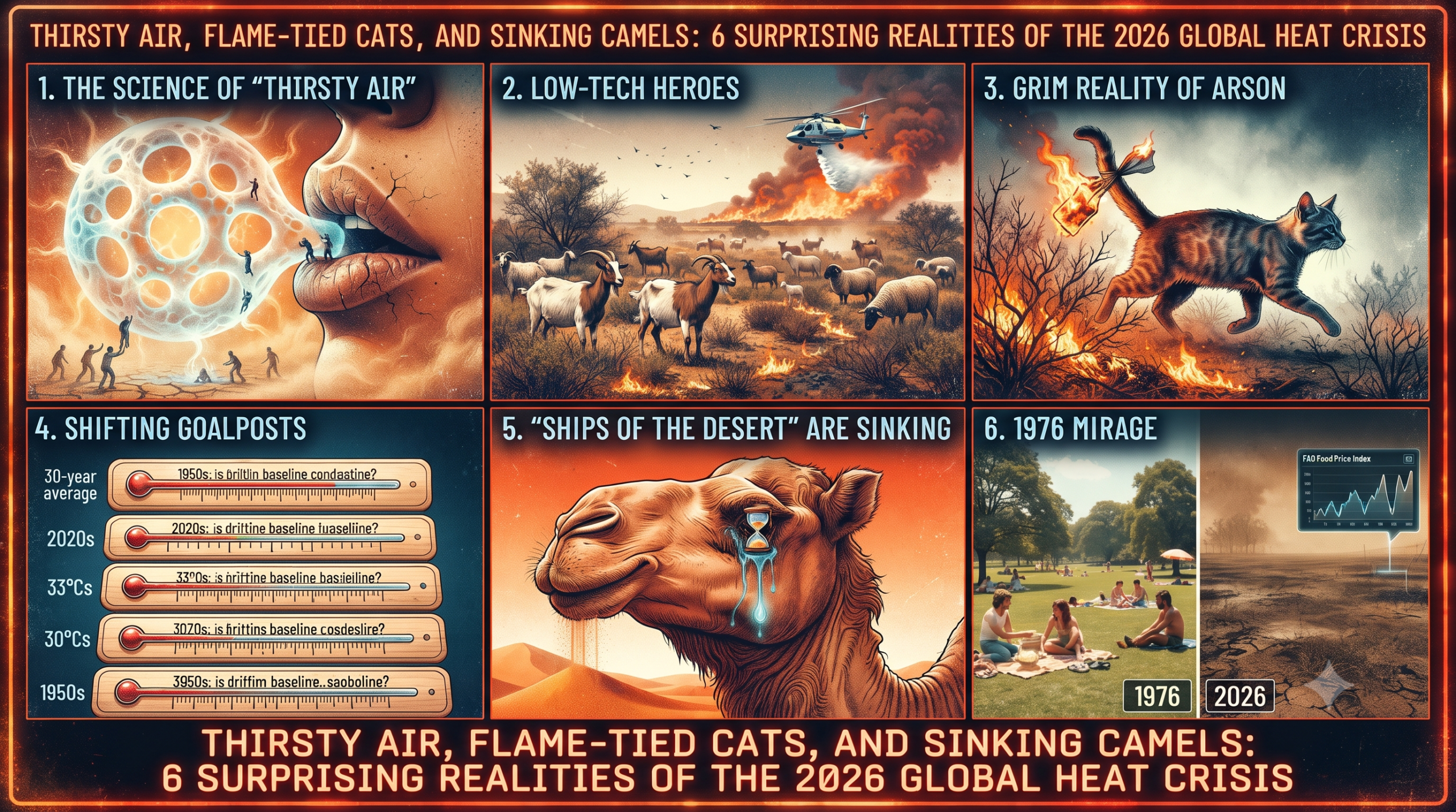 A six-panel infographic titled "Thirsty Air, Flame-Tied Cats, and Sinking Camels," depicting conceptual illustrations for each of the six realities of the 2026 heat crisis, including abstract representations of dry air, grazing livestock, wildfire threats, sliding temperature metrics, a stressed camel, and a historical comparison.