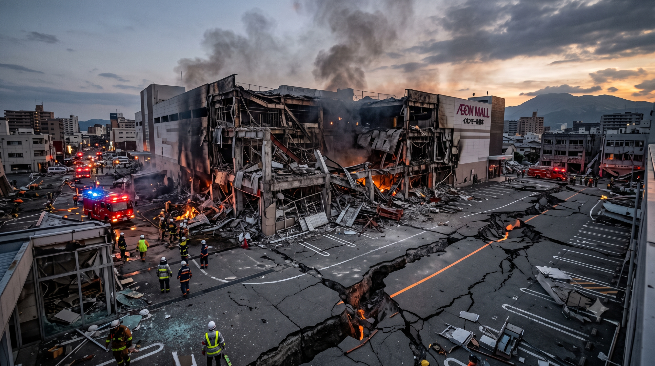 Damaged Aeon Mall building after a gas leak explosion during the 2026 Kumamoto earthquake, showing broken structural walls and emergency responders.