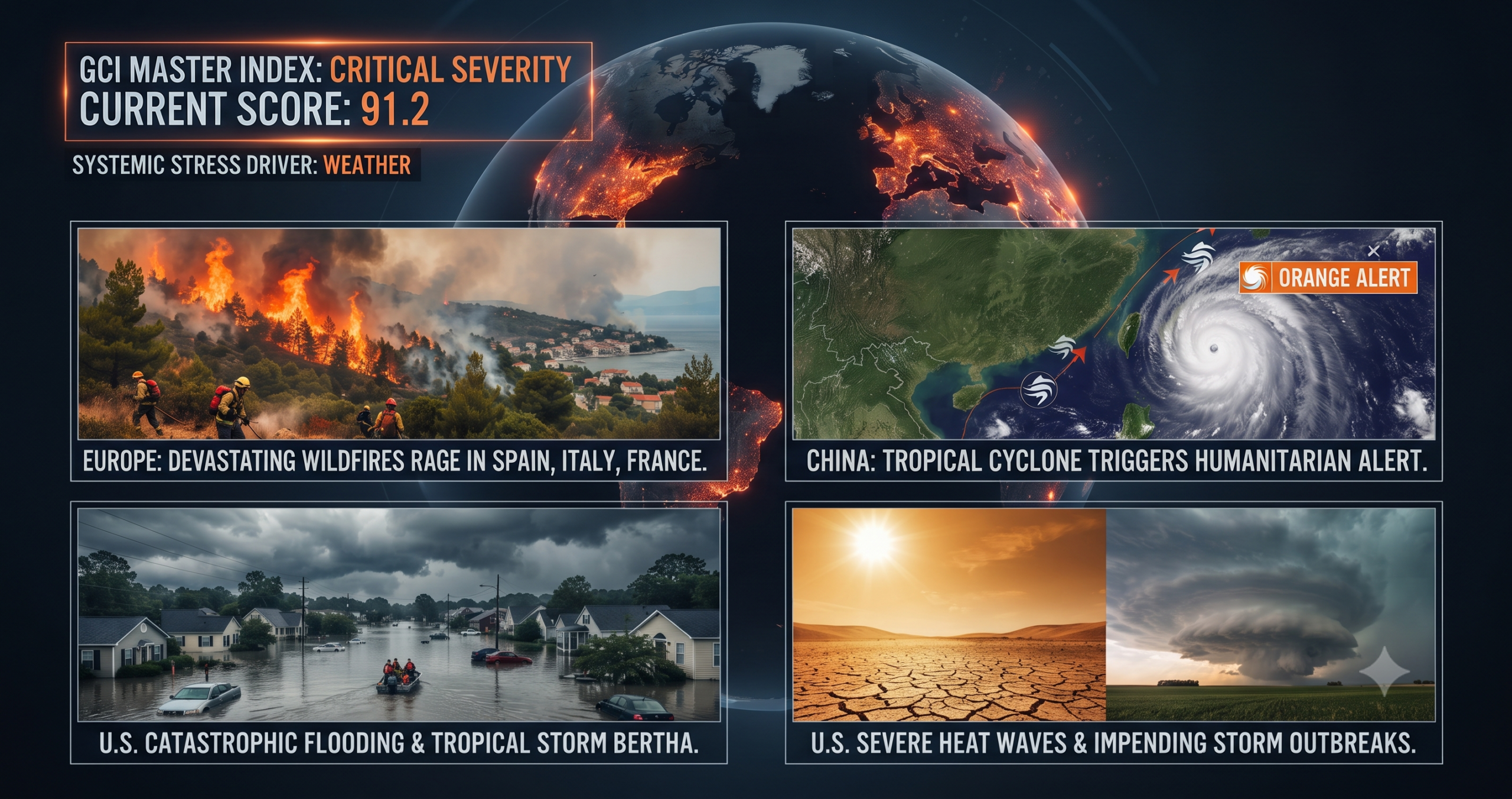 A four-panel news graphic visualizing global weather disasters, showing a central globe with a critical severity score of 91.2, surrounded by inset photos of European wildfires, a China tropical cyclone, US flooding, and US heat/storms with corresponding text captions.