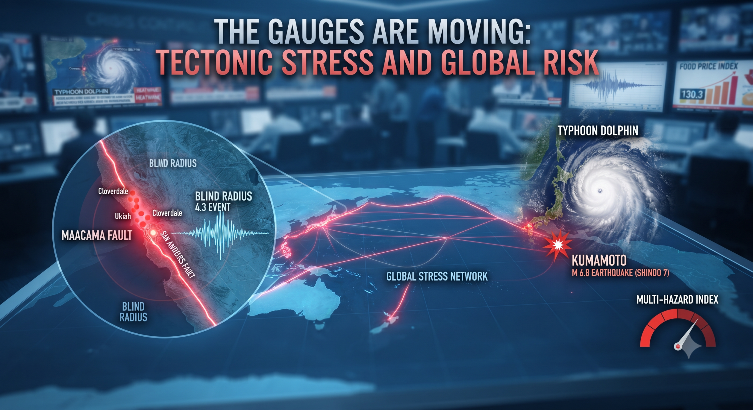 Digital dashboard map showing tectonic stress, the Maacama fault in California, and Typhoon Dolphin converging with the Kumamoto earthquake in Japan.