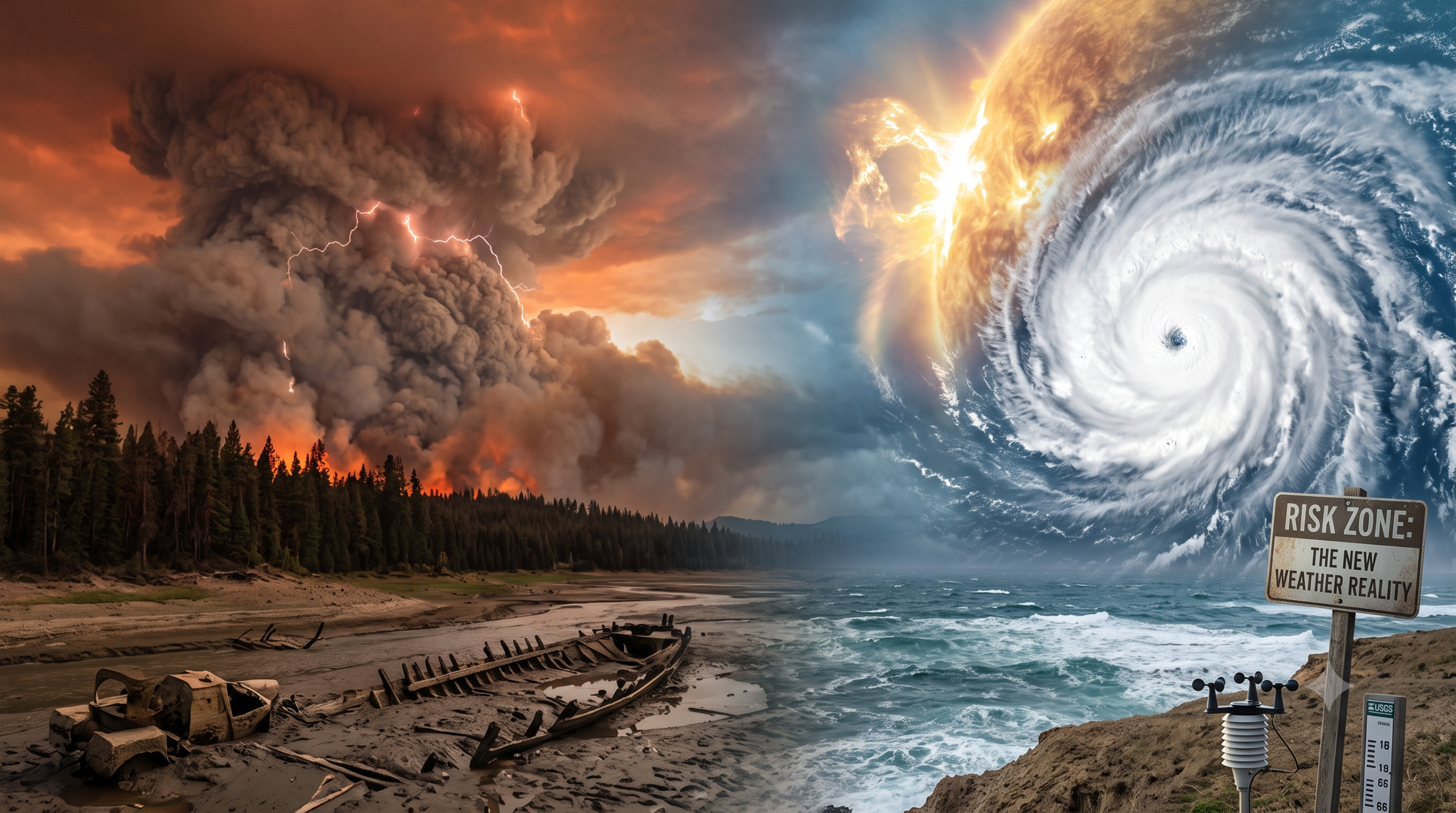 A surreal landscape representing global risk, split between a massive pyrocumulonimbus cloud over a forest fire with dry lightning, and a Category 5 hurricane connected to a huge solar flare in an electric blue-grey sky. In the foreground, an old World War II shell and a sunken barge emerge from a dried riverbed. On the far right, a small sensor array stands next to a sign pointing to the 'RISK ZONE: THE NEW WEATHER REALITY'.