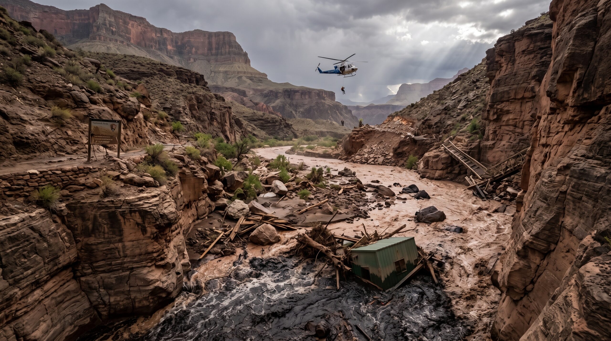 Turbulent muddy water and debris slurry surge through the Grand Canyon narrow corridor (The Box) north of Phantom Ranch during the August 2026 monsoon flood, showing severe landscape change against static rock.