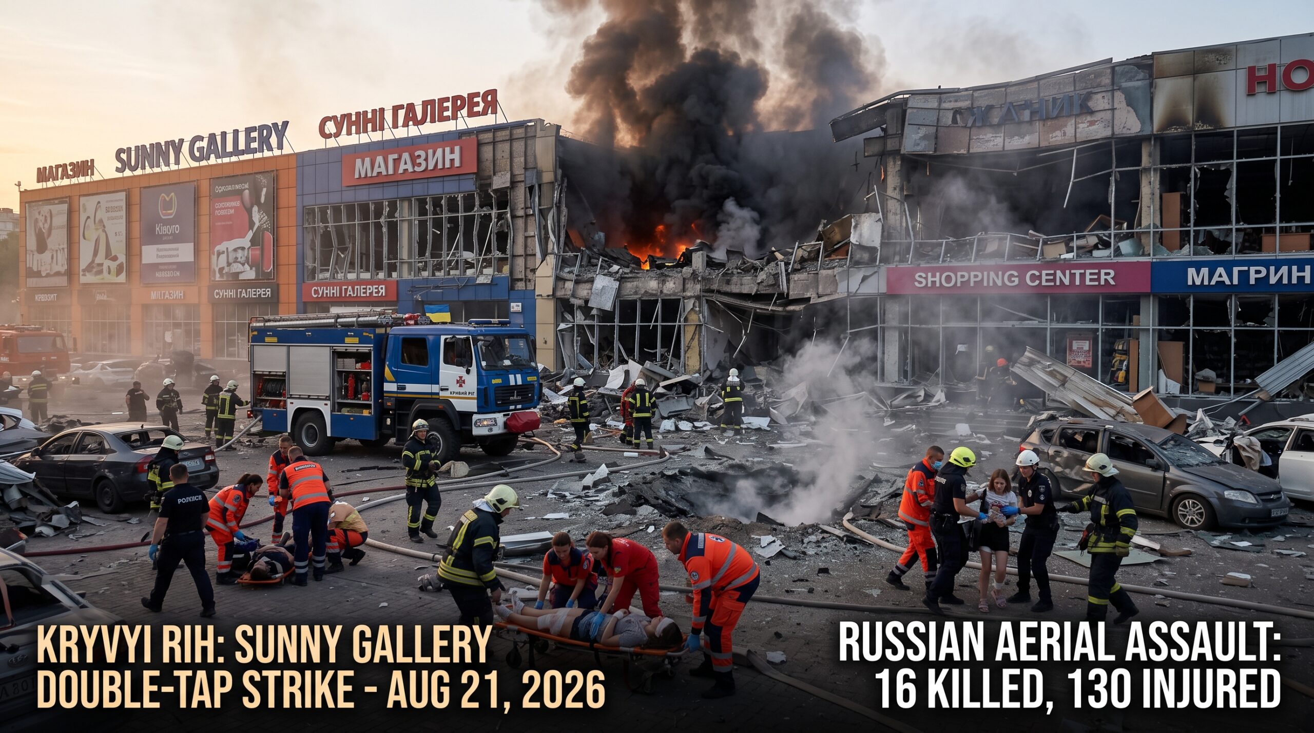Emergency responders treat victims outside the destroyed Sunny Gallery mall following the Kryvyi Rih strike.