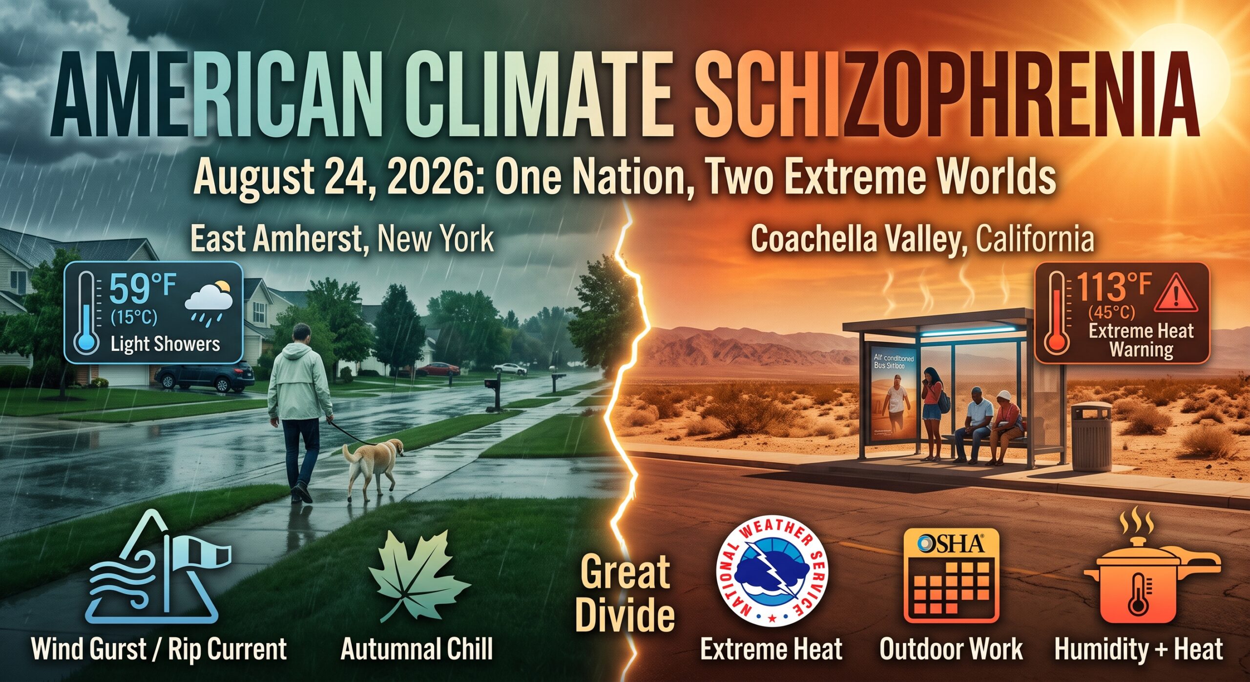 Split-screen infographic comparing an unseasonably cool, rainy 59°F morning in East Amherst, New York, with a scorched, sunny 113°F extreme heat emergency in Coachella Valley, California, separated by a glowing lightning divide.