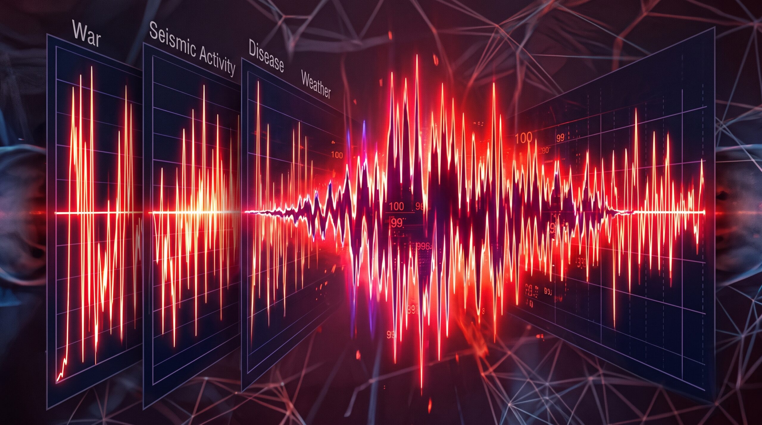 A conceptual image showing fragmented data transforming through a lens into a coherent, intensifying red signal wave, visualizing global risk compression