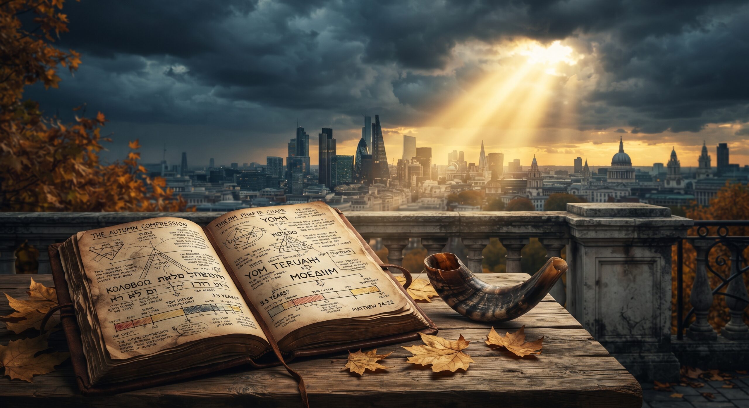 An open ancient leather journal with prophetic charts and a shofar resting on a wooden table, overlooking a stormy city skyline with golden autumn light breaking through the clouds.